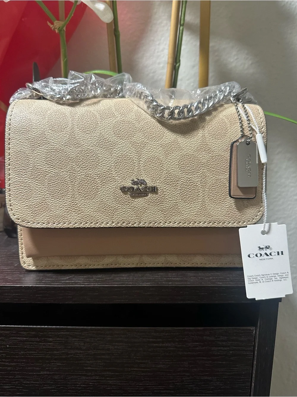 Coach Beige Signature Canvas Shoulder Bag with Silver Chain